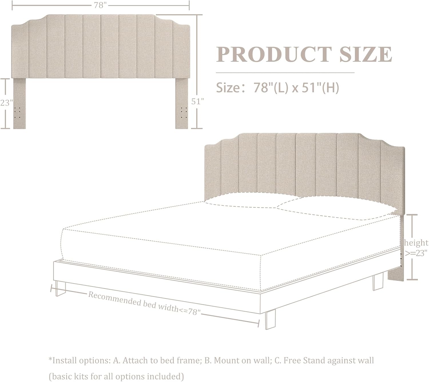 Befurtori King Size Headboard Only, Linen Wall Mounted Headboard King for Adjustable Bed Modern Upholstered Head Board Easy Assembly, Beige