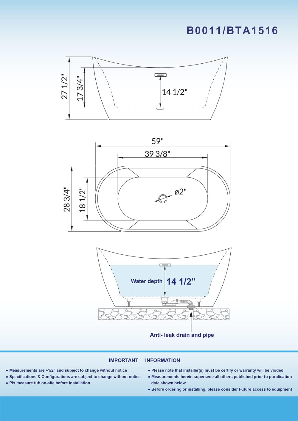 WOODBRIDGE 59'Freestanding White Acylic Soaking Bathtub with Matte Black Drain and Overflow,B0011-MB