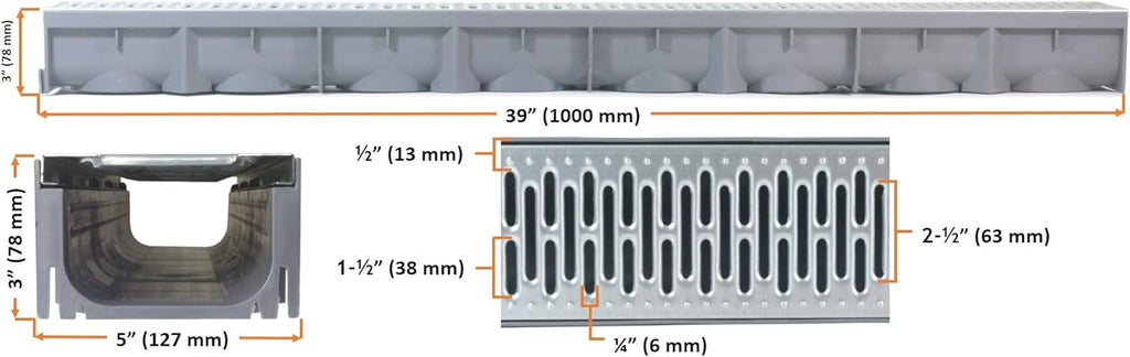 URA WATER - Model UA-100 - Drainage Trench Set - Channel Drain With Galvanized Steel Grate - 3 x 39' - (117' Total Length)