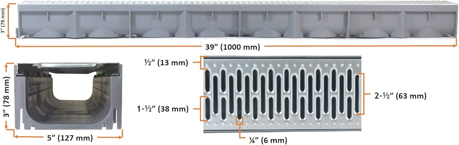 URA WATER - Model UA-100 - Drainage Trench Set - Channel Drain With Galvanized Steel Grate - 3 x 39' - (117' Total Length)