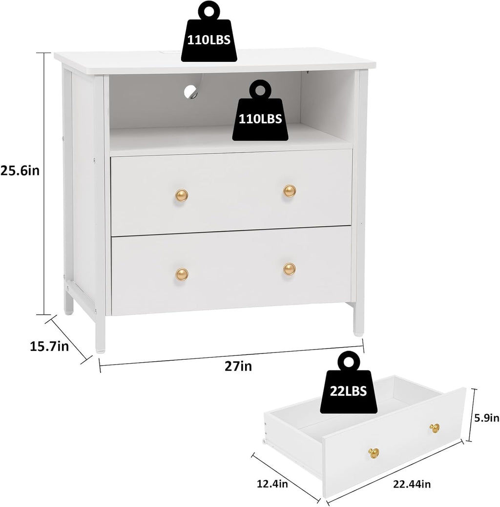 27 Inch Wide Night Stand, Large Wood Night Stand Set 2 with 2 Drawers, LED Nightstand with Charging Station and Adjustable Drawer, Bedside Table for Living Room/Bedroom/Study/Office, White.