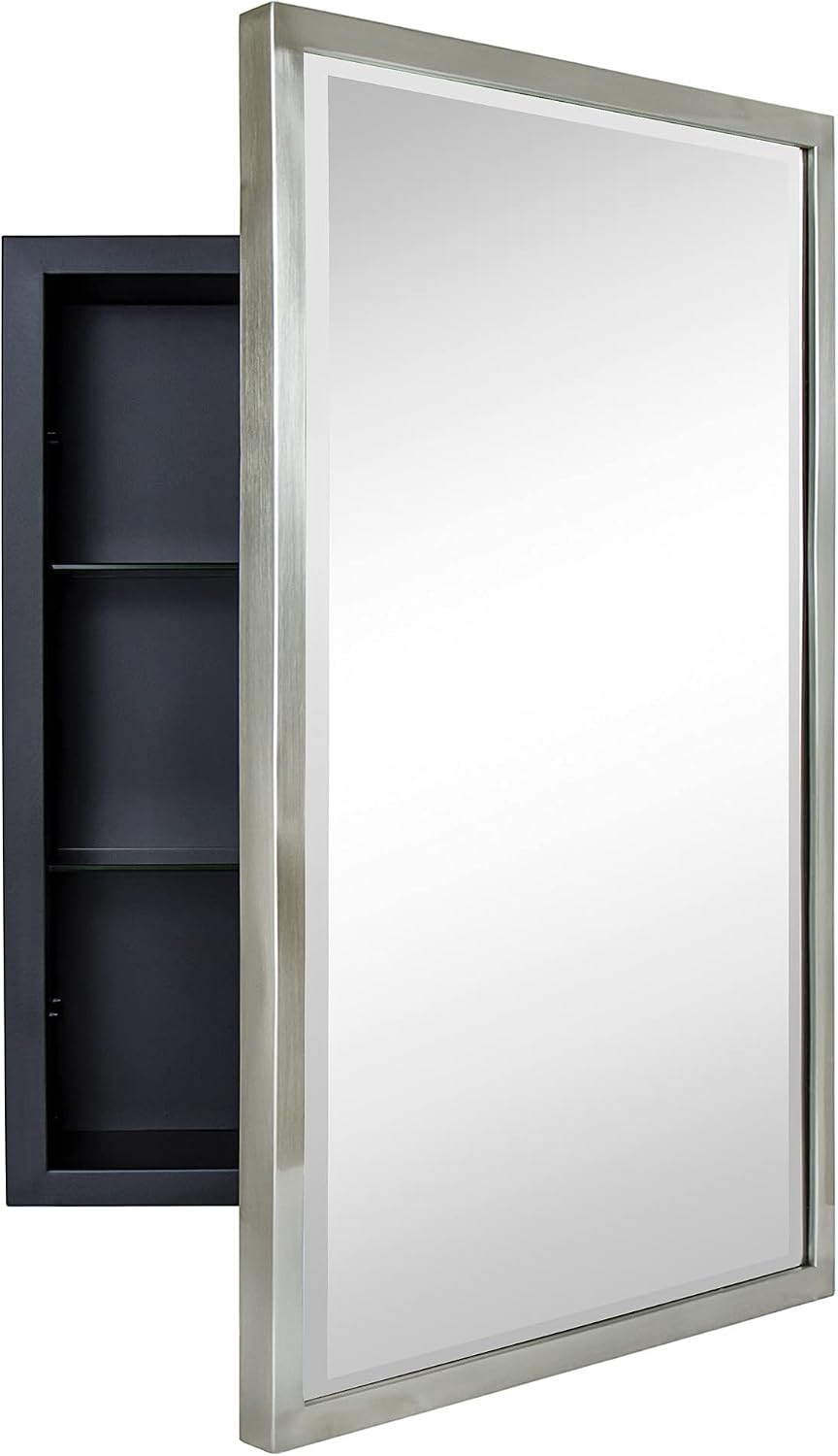 TEHOME Brush Nickel Metal Framed Recessed Bathroom Medicine Cabinet with Mirror Rectangle Tilting Beveled Vanity Mirrors for Wall 16 x 24 inches