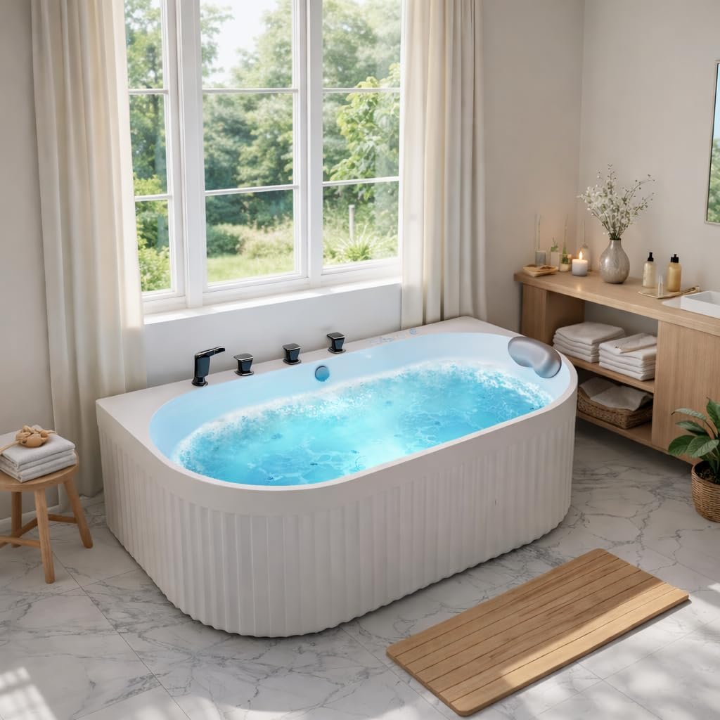 ANZZI Stone Bell 67' x 32' Freestanding Bathtub, Center Drain | Flat Bottom Tub with Air and Whirlpool Massage Jets, Lights, 5-Piece Faucet, 92 Gallon Free Standing Tub - White and Black