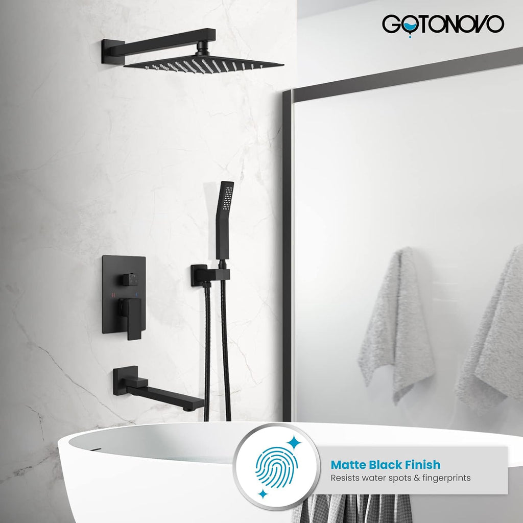 gotonovo Rainfall Tub Shower Faucet Set Bathroom Shower System with Tub Spout Wall Mount Square High Pressure Shower Fixtures with Handheld Sprayer Rough-In Valve 12'' Shower Head,Matte Black