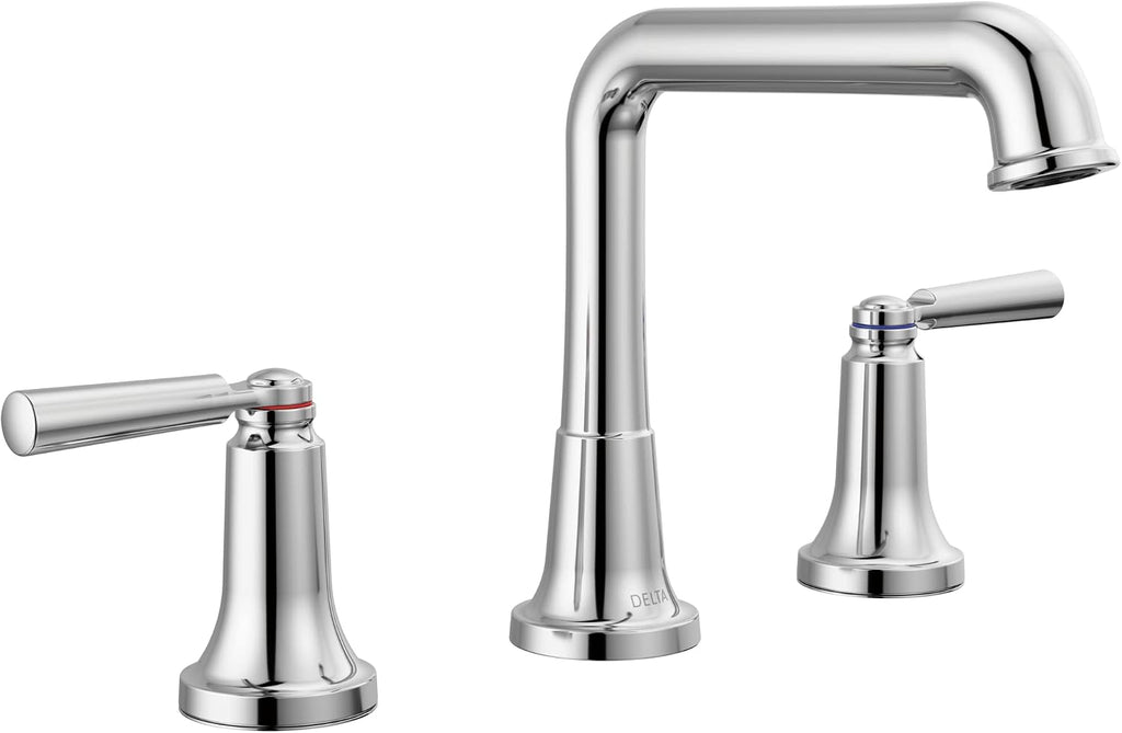 Delta Saylor Chrome Bathroom Faucet 3 Hole, 8 Inch Widespread Bathroom Sink Faucet for Vanity, Metal Push-Pop Drain Assembly, Chrome 3536-MPU-DST