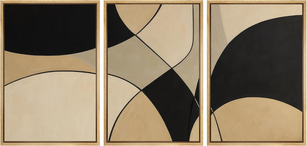 SIGNLEADER Framed Canvas Print Wall Art Set Modern Black Beige Geometric Arc Abstract Illustrations Modern Art Boho Decorative for Living Room, Bedroom, Office - 16'x24'x3 NATURAL