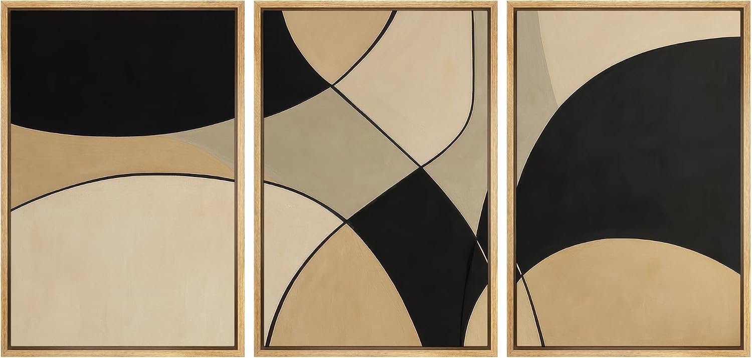 SIGNLEADER Framed Canvas Print Wall Art Set Modern Black Beige Geometric Arc Abstract Illustrations Modern Art Boho Decorative for Living Room, Bedroom, Office - 16'x24'x3 NATURAL