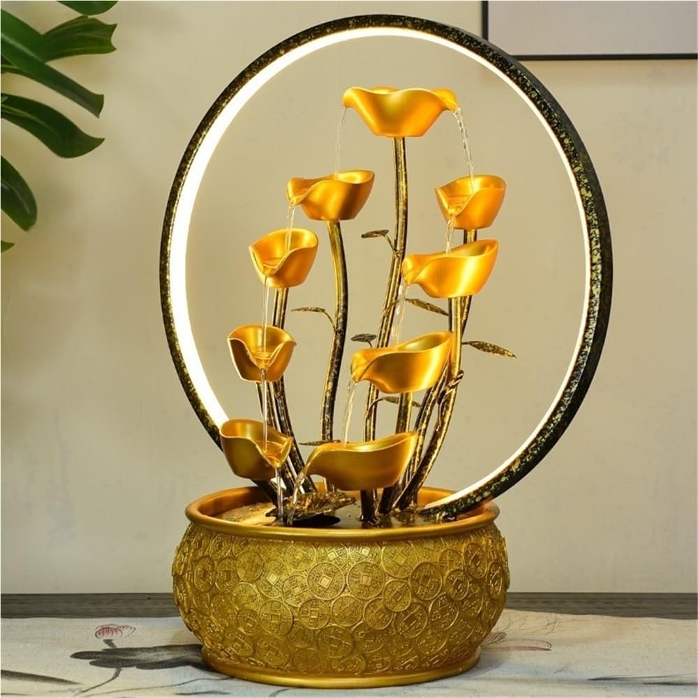 Gold Money Tree Feng Shui Tabletop Fountain with LED Light and Automatic Pump, Wealth Luck Indoor Waterfall Decor, Resin Desktop Water Feature for Home Office Zen Relaxation(Large)