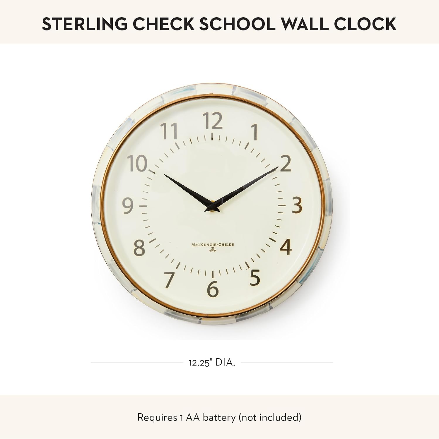 MACKENZIE-CHILDS Wall Clock, Decorative Clock for Kitchen and Living Room, Gray-and-White Sterling Check