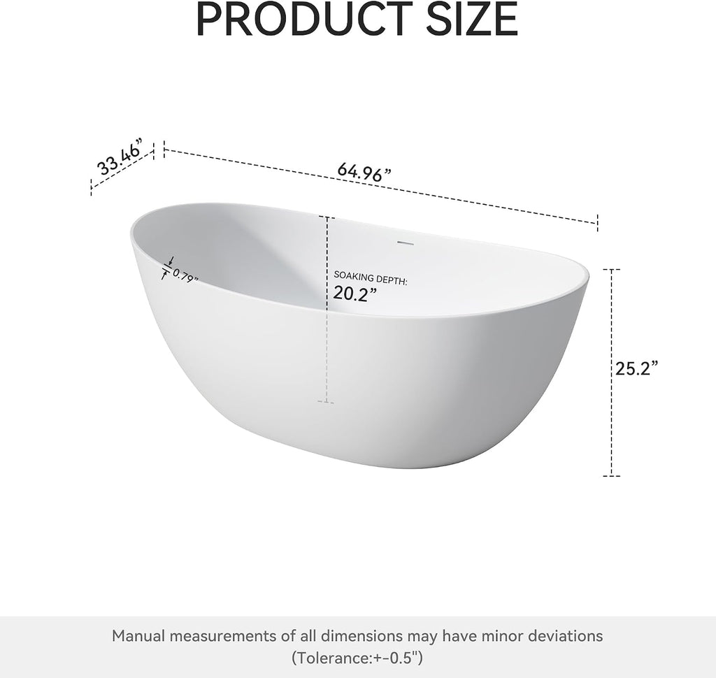 65' Premium Solid Surface Freestanding Bathtub, Contemporary Design Stand Alone Stone Resin Tub with Overflow and Pop-up Drain, Matte White