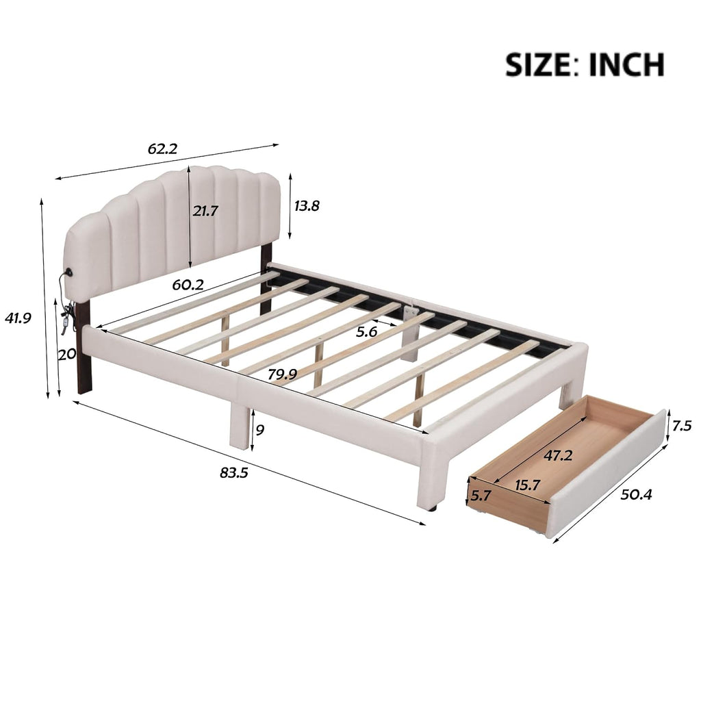 Queen Size Teddy Fleece Upholstered Platform Bed with Drawer,LED Bed Frame W/ 2 USB Ports,for Bedroom,Apartment,Guest Room,Beige