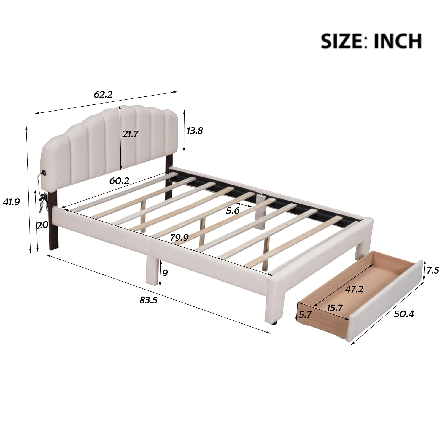 Queen Size Teddy Fleece Upholstered Platform Bed with Drawer,LED Bed Frame W/ 2 USB Ports,for Bedroom,Apartment,Guest Room,Beige