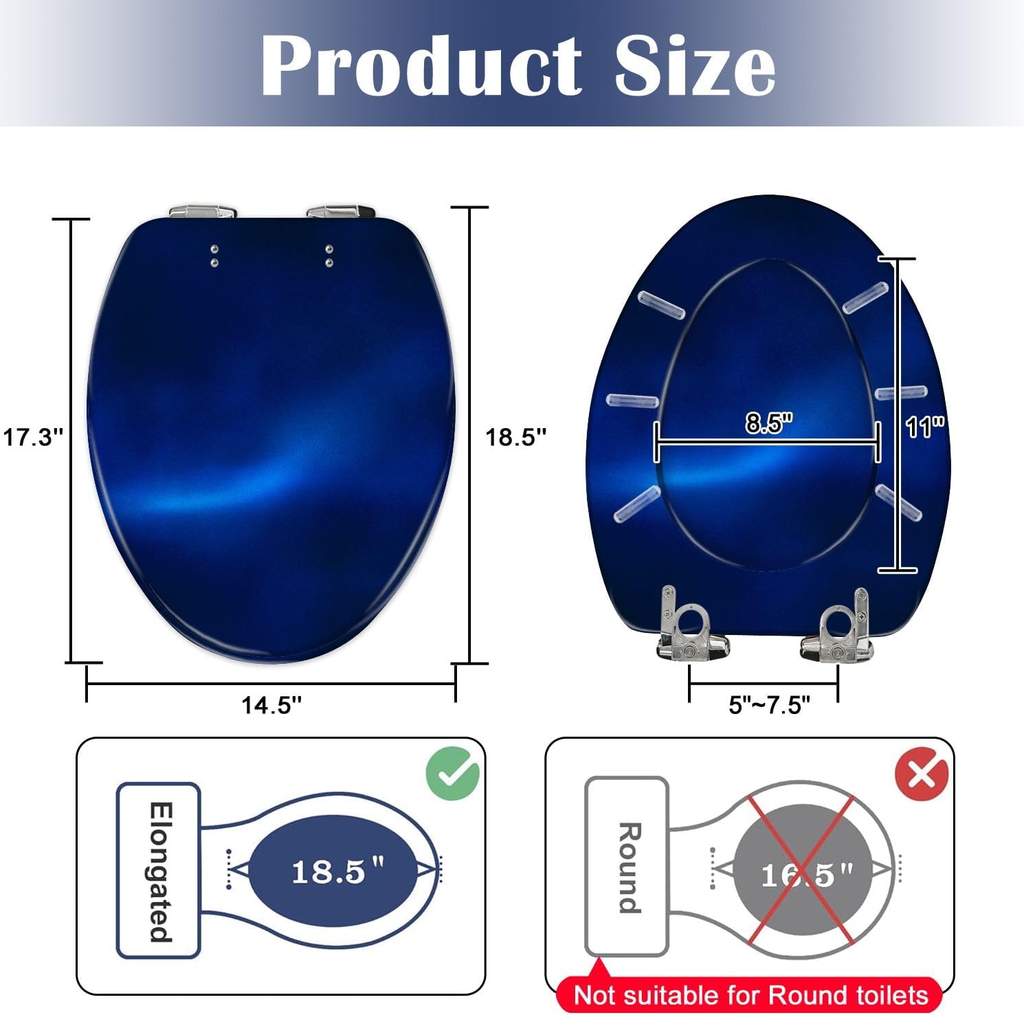 Elongated Toilet Seat Dark royal blue gradient mesh seamless bg overlay noisy texture Silk Resin Toilet Seat Slow Quiet Close Lid with Quick-Release Hinges Cover Bumpers Easy to Clean Install