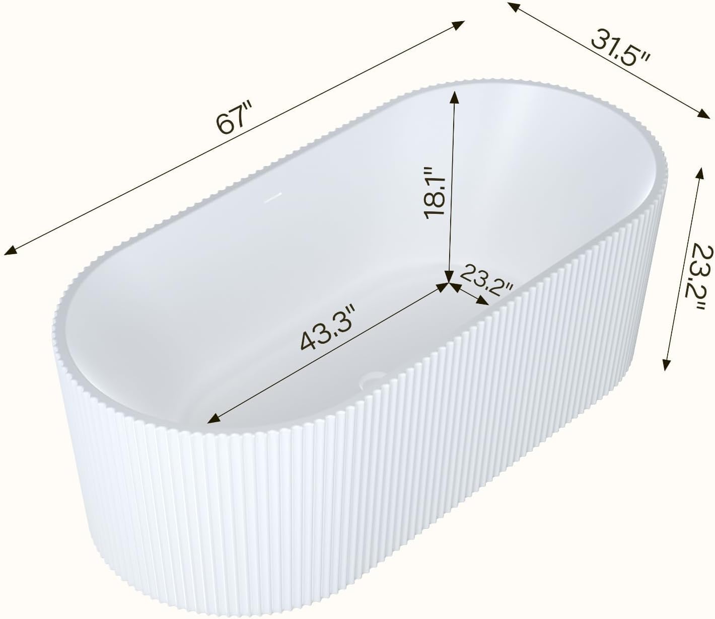 67' Acrylic Freestanding Soaking Bathtub, Deep Ergonomic Design with Lumbar Support, Integrated Overflow Drain, Non-Slip Base,cUPC Certified Modern Bathroom Tub, Easy Installation for Bathroom