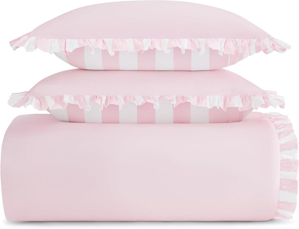 kate spade new york Sateen Ruffle King Comforter Set, 300 Thread Count Cotton Sateen Reversible Cover, All Season 3 Piece Bedding, Machine Washable, Pink
