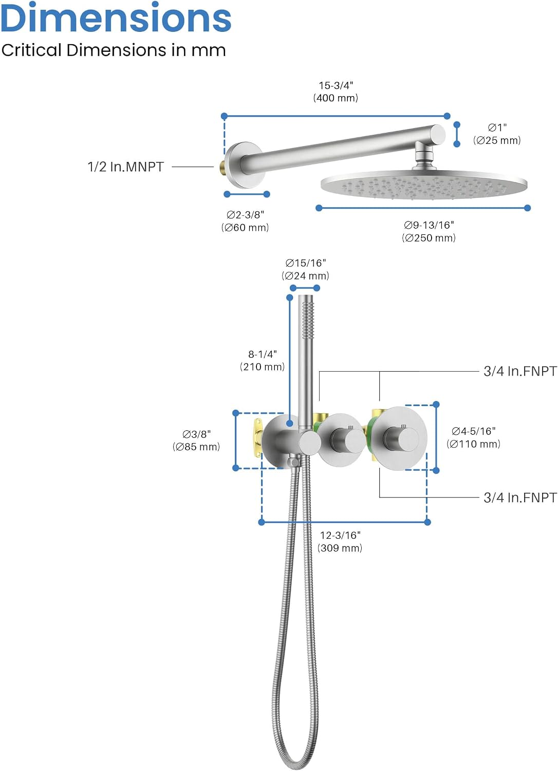 KIBI Circular Brushed Nickel Thermostatic Shower System – Rainfall & Handheld Shower Head Set | 2-Function Shower Faucet Set with Rough-In Valve | Solid Brass Build & Temperature Control (KSF410BN)