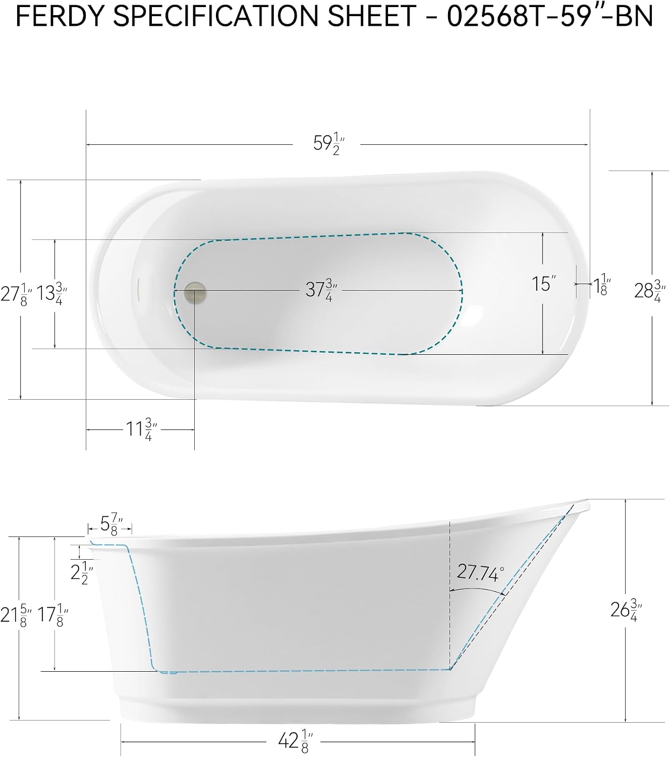 FerdY Langkawi 59' Acrylic Freestanding Bathtub, White Modern Stand Alone Soaking Bathtub, cUPC Certified, Brushed Nickel Drain and Minimalist Linear Design Overflow Included, Easy to Install