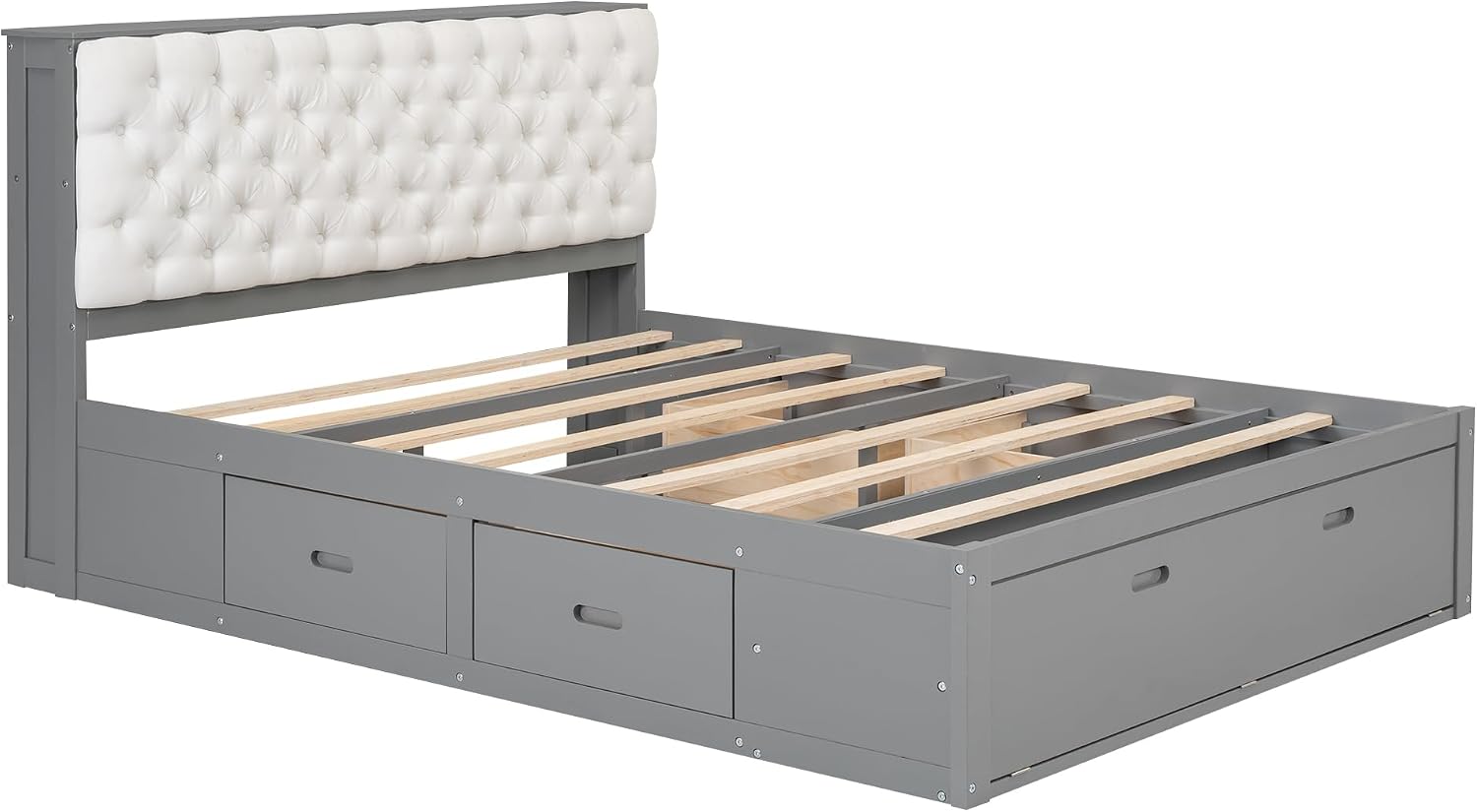 Harper & Bright Designs Queen Storage Bed Frame with Shoes Rack, Wood Queen Platform Bed with Upholstered Headboard and 4 Drawers, Modern Queen Size Bed for Bedroom, No Box Spring Needed, Gray