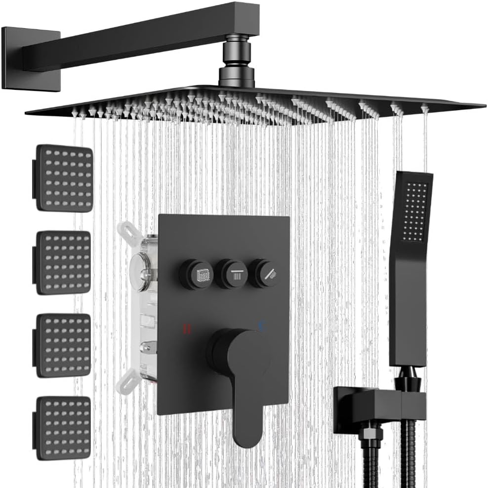 Shower System with Body Jets,Bostingner 3 Way Shower Faucet Set 12' Rain Shower Head with Handheld Spray, Can Use at Same Time,Push Button Diverter Shower Head Set Complete, Matte Black