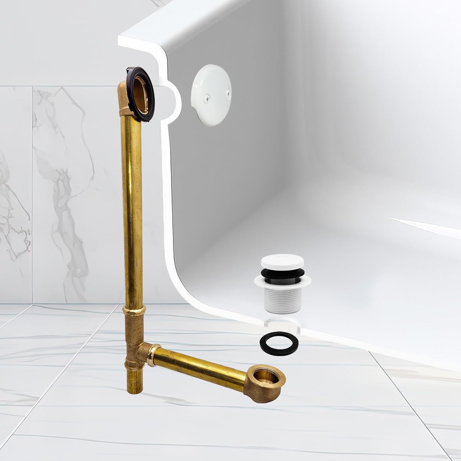 Westbrass D326-50 22-1/2' 17 Gauge Brass Bath Waste & Overflow Assembly with Tip-Toe Drain Plug and 2-Hole Faceplate, Powder Coat White
