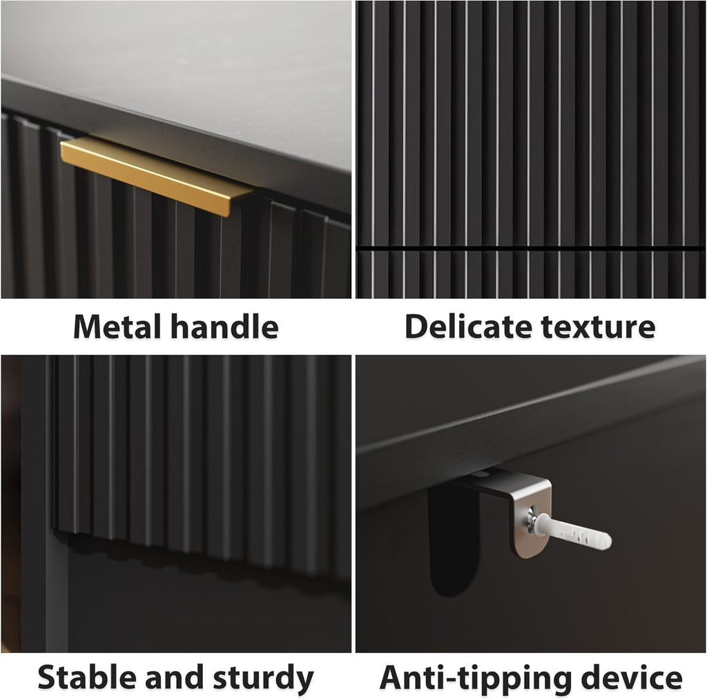 MAISONARIA 3-Piece Dresser Bedroom Set, 6 Drawer Dresser & 3 Drawer Nightstands with Gold Handles, Fluted Wood Chest of Drawers for Bedroom, Living Room, Entryway, Black