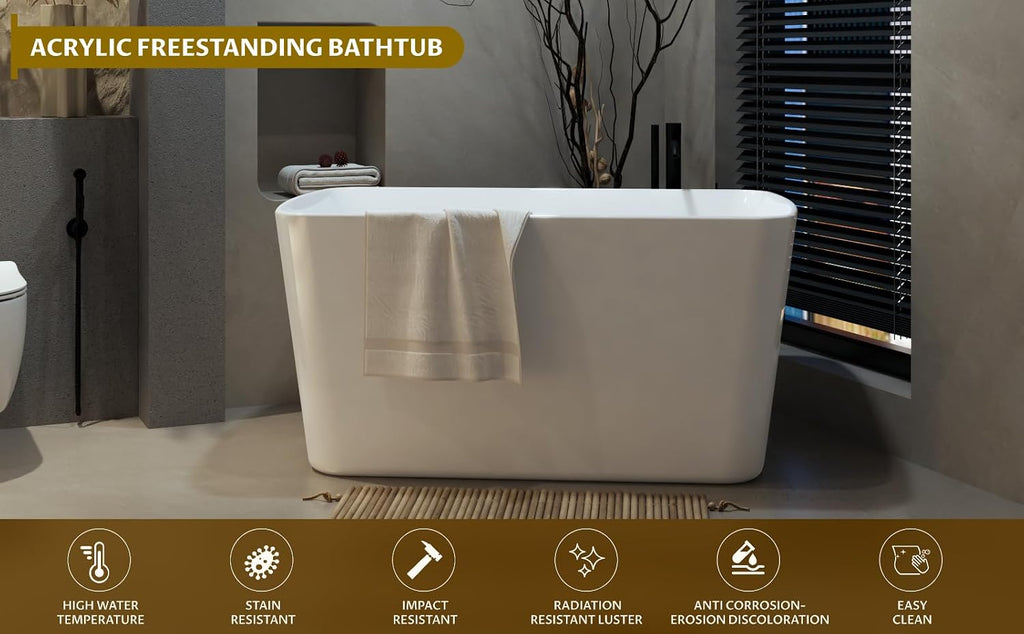 55 Inch Freestanding Bathtub, Small Square Soaking Tub, White Acrylic Deep Soak Tub for Narrow Spaces & Apartments, Modern Slim Design with Overflow & Chrome Drain Kit, Glossy Interior/Exterior