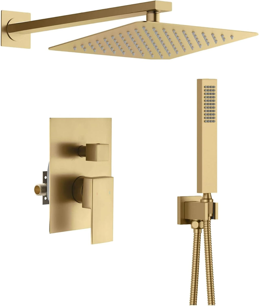 KIBI Cube Bathroom Shower System | 2-Function Wall Mounted Shower Faucet Set with Solid Brass Pressure Balanced Valve | Three Hand Shower Modes | 15-inch Long Shower Arm | Brushed Brass (KSF405)