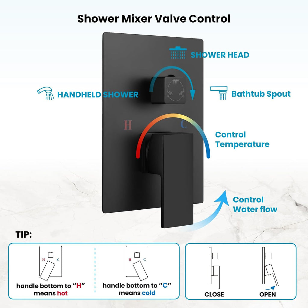 gotonovo Rainfall Tub Shower Faucet Set Bathroom Shower System with Tub Spout Wall Mount Square High Pressure Shower Fixtures with Handheld Sprayer Rough-In Valve 8'' Shower Head,Matte Black
