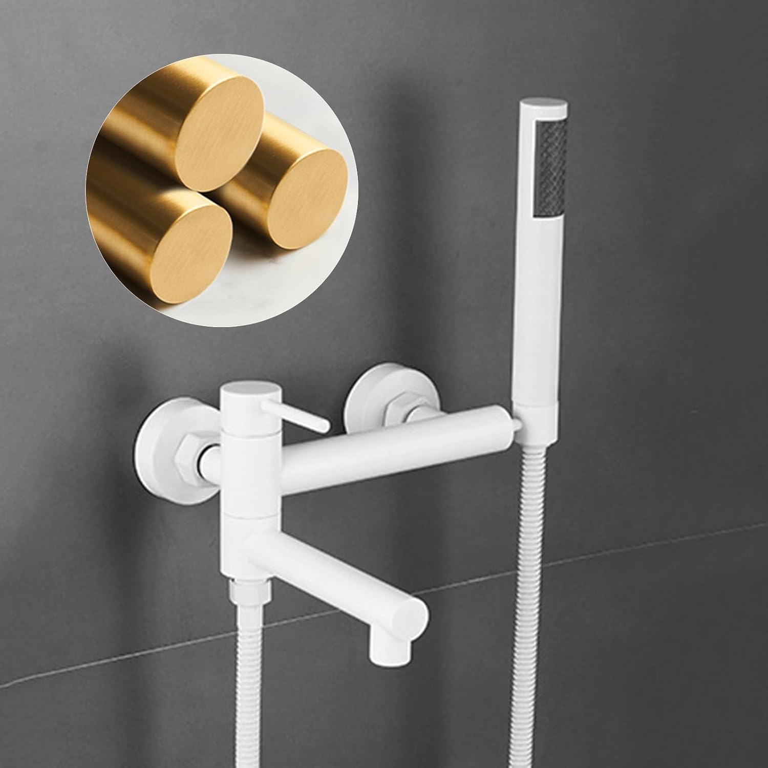 BiaoTeng Wall Mount Tub Faucet with Handheld Shower Hot and Cold Brass Single Handle Wall Mount Bath Tub Faucet Set White