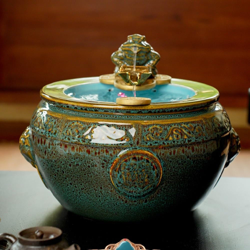 GRFIT Indoor Fountain Relaxing Ceramic Tabletop Fountain with Water Wheel and Lucky Toad Decoration Table Fountain