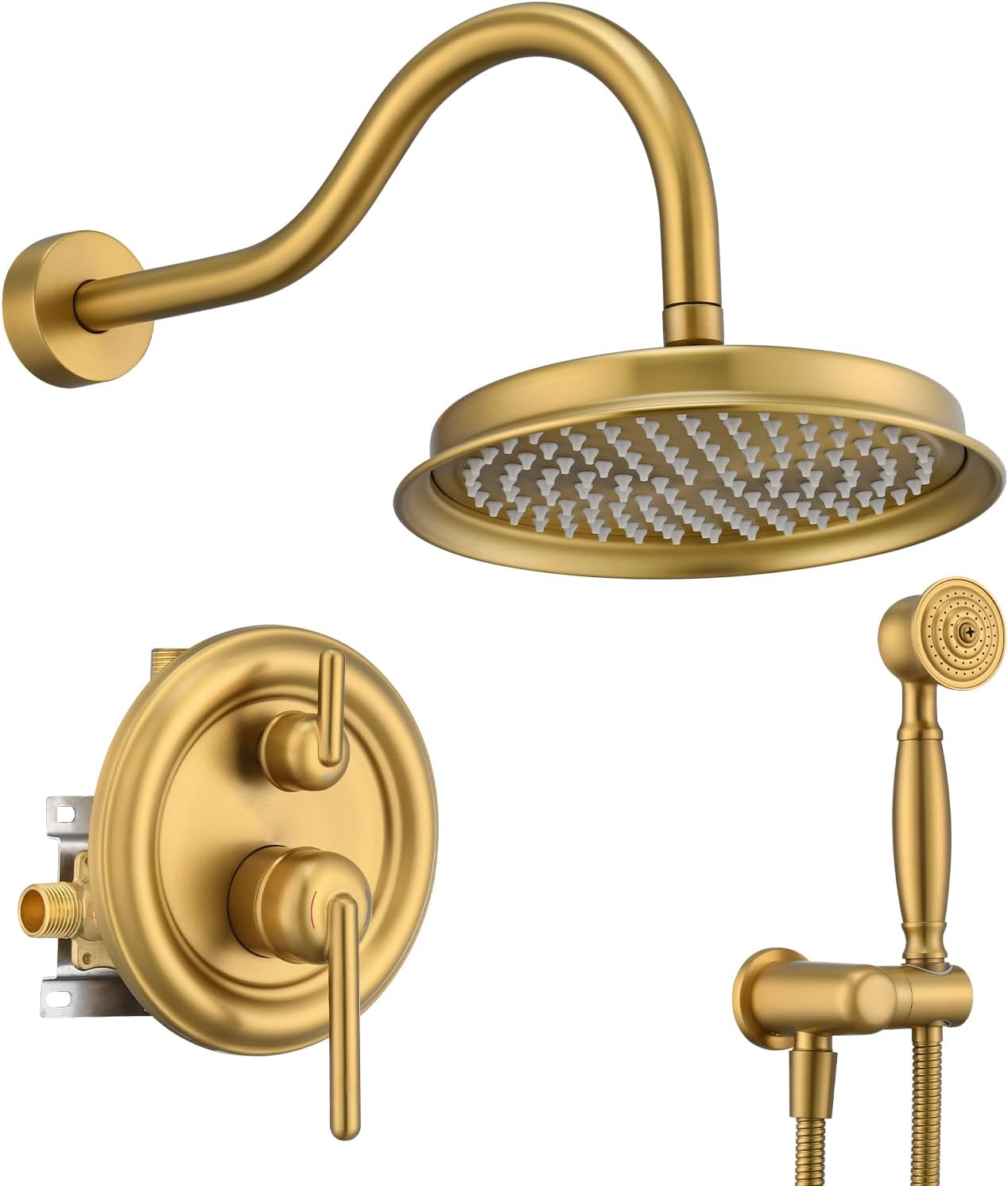 Rainfall Shower System Shower Faucet Set with Rain Shower Head and Handheld Spray, 9 inch Wall Mounted Bathroom Antique Luxury Mixer Combo Set with Pressure Balance Valve, Brushed Gold