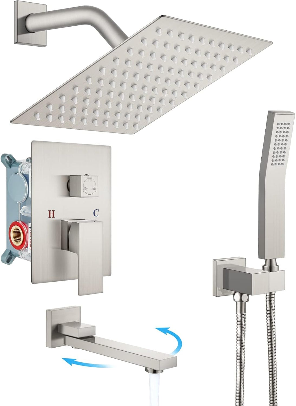 gotonovo Rainfall Tub Shower Faucet Set Bathroom Shower System with Tub Spout Wall Mount Square High Pressure Shower Fixtures with Handheld Sprayer Rough-In Valve 8'' Shower Head,Brushed Nickel