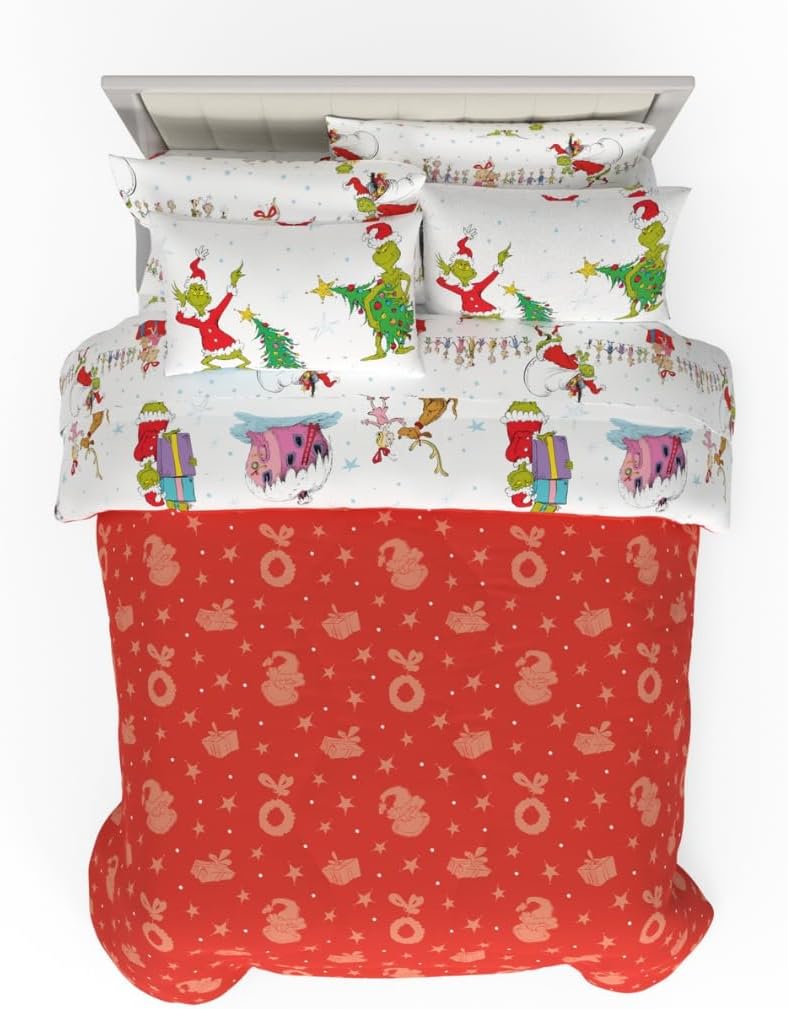 Grinch By Dr. Seuss Holiday & Christmas Bedding Super Soft Comforter and Sheet Set with Sham, 7 Piece Queen Size (Official Dr. Seuss Product) By Franco