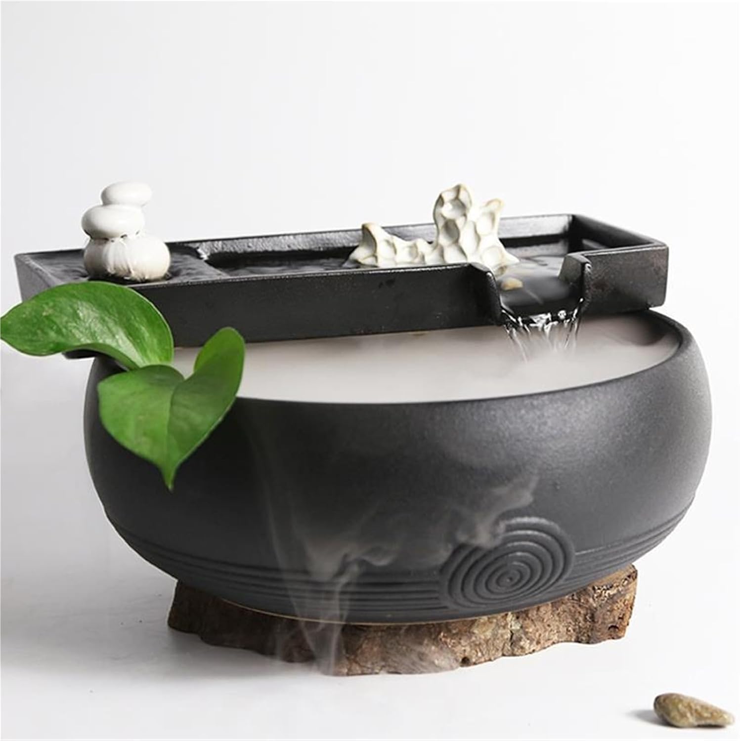 Ceramic Tabletop Fountain with LED Light – Indoor Glazed Waterfall Decor for Home Office Desk Meditation, Mini Zen Fountain with Soothing Water Flow(Without Mist Maker)