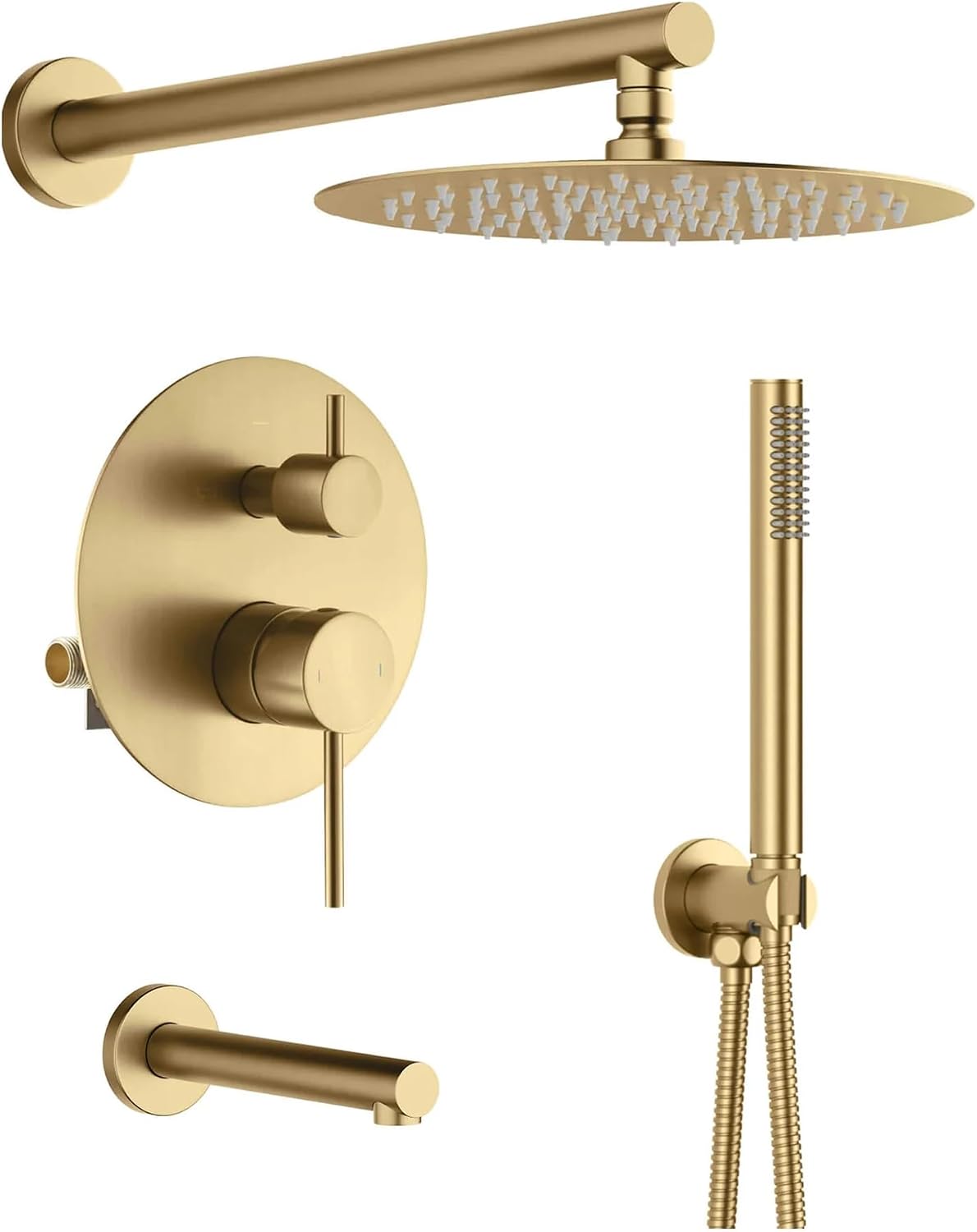 KIBI Circular Bathroom Shower System | 3-Function Wall Mounted Shower Faucet Set with Solid Brass Pressure Balanced Valve | Three Hand Shower Modes | 15-inch Long Shower Arm | Brushed Brass (KSF404)
