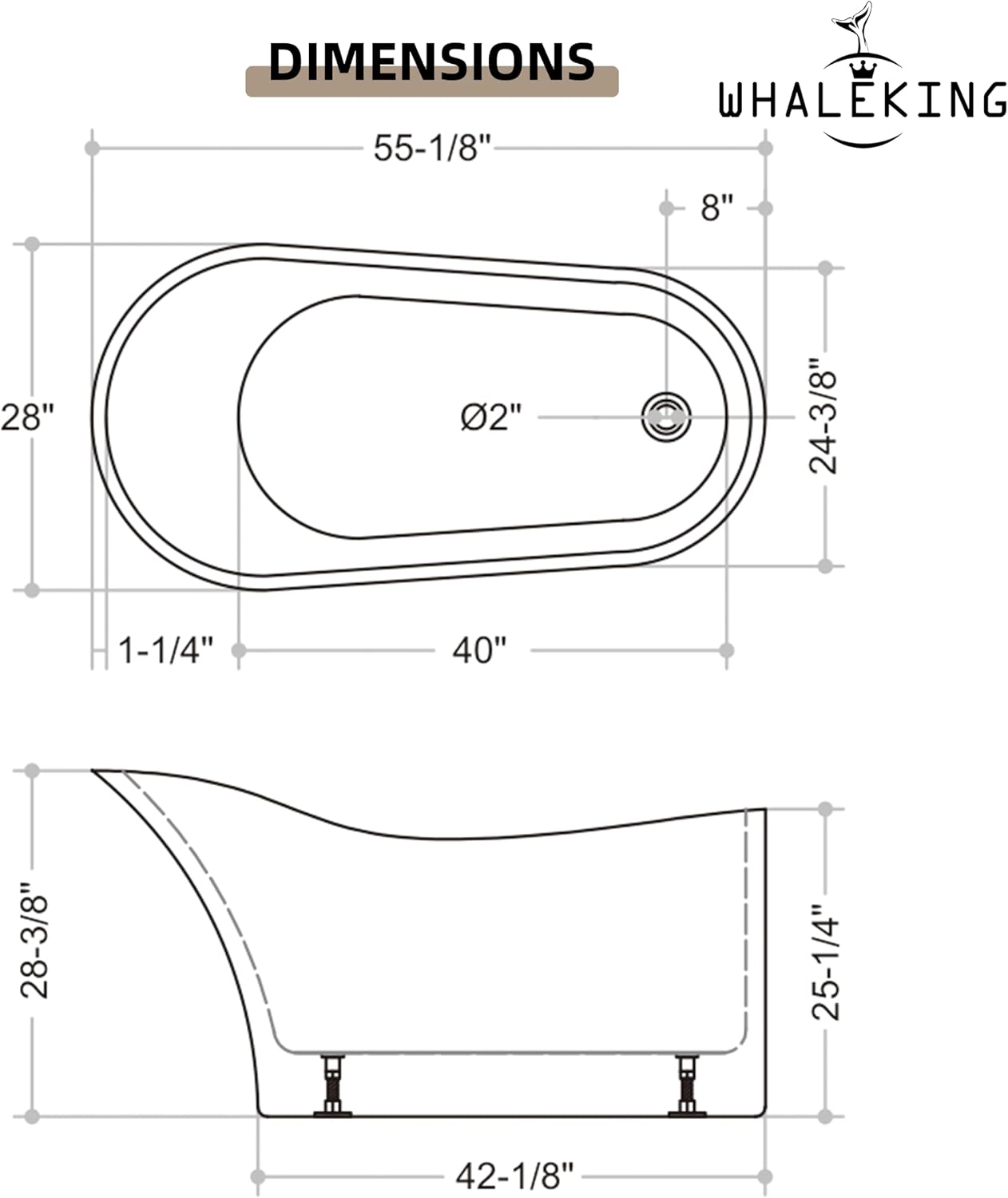 55' Black Modern Free Standing Soaking Slipper Bathtub, WHALEKING Luxury Stand Alone Deep Acrylic Hot Tub with Chrome Overflow&Drain, Matte Black