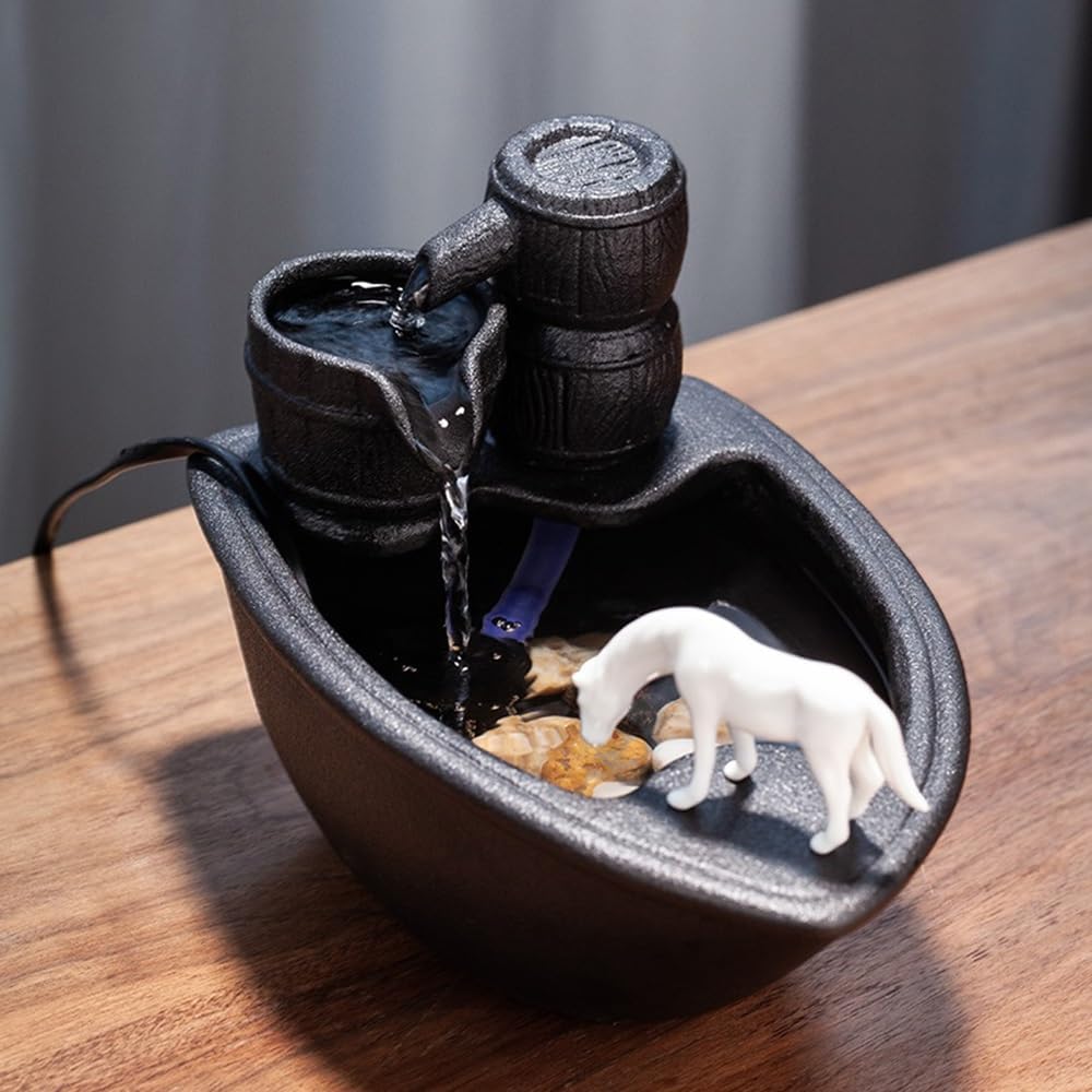 GRFIT Indoor Fountain White Horse Desktop Drinking Water Fountain, Recycled Resin, Small Fountain for Home Decoration, Tranquility Tabletop Fountain