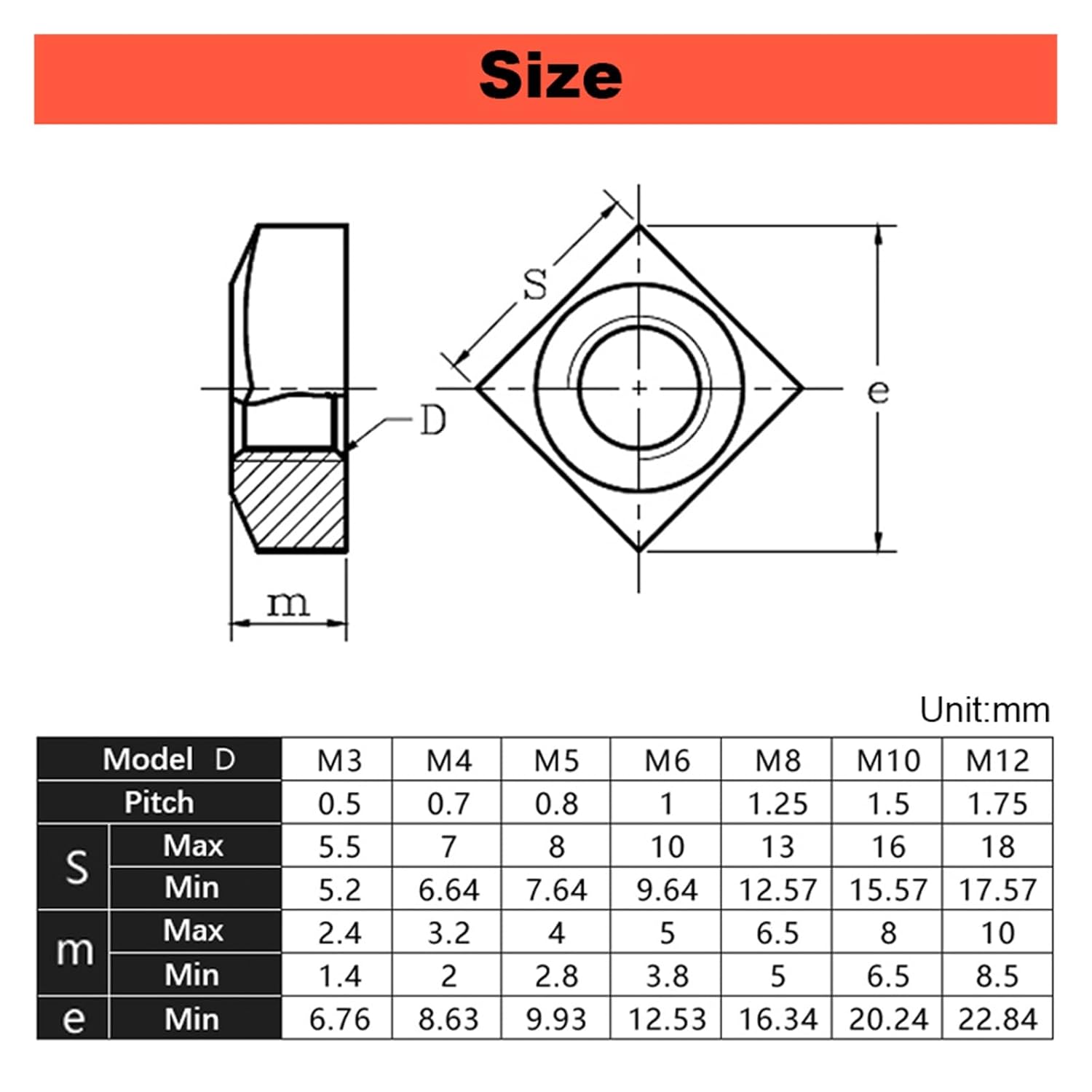 M3 M4 M5 M6 M8 M10 M12 304 Stainless Steel Square Nut Quadrangle Thick/Thin DIN557 Lock The Screw Cap 5~50pcs(M5 Thin (50Pcs))