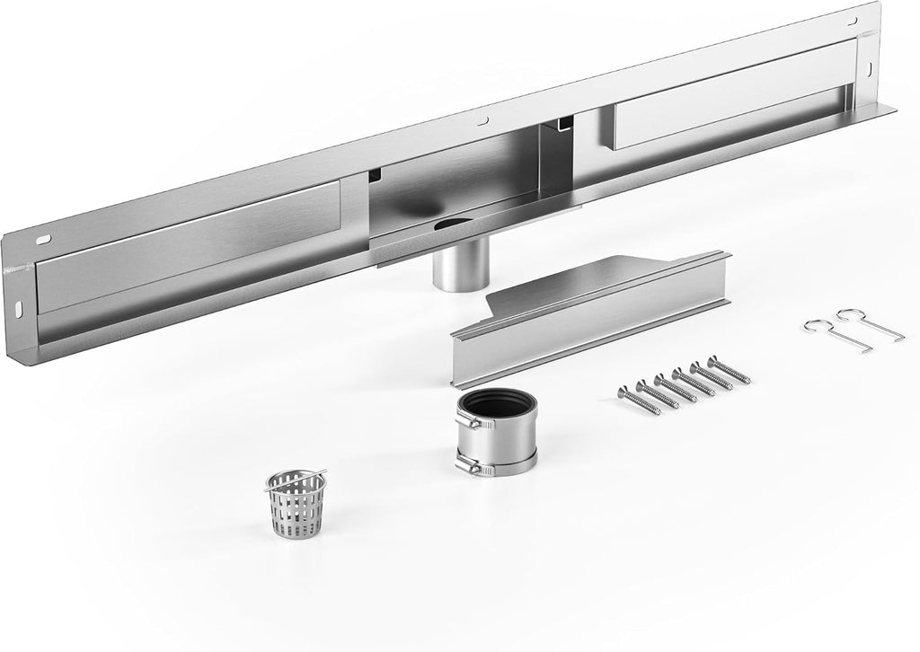 Linear Wall Drain 36'', 304 Stainless Steel Side Drain w/Tiled Grate & Hair Strainer, Brushed Tiled Shower Drain for Bathroom, CUPC Certified