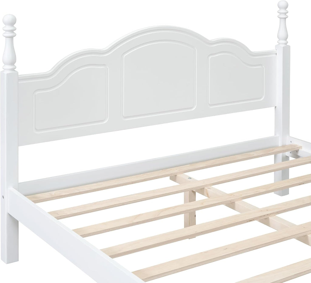 3-Pieces Bedroom Sets, Retro Style Queen Size Platform Bed with Wooden Slat Support and Headboard, Wooden Bedroom Furniture Set with 2 Nightstands for Kids Teens Adults Bedroom (White + Wood 063)