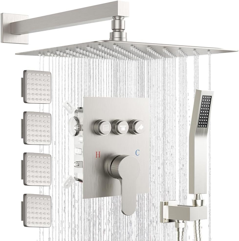 Shower System with Body Jets, Bostingner Shower Faucet Set 12' Rain Shower Head with Handheld Spray, Can Use at Same Time, 3 Way Push Button Diverter Shower Set Complete, Brushed Nickel