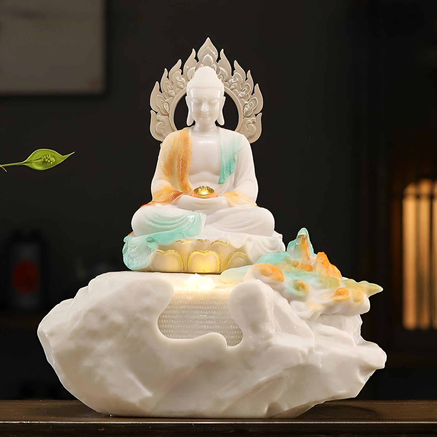 Zen Buddha Tabletop Fountain with LED Lights & Crystal Accents – Indoor Meditation Waterfall Feature with Cascading Water for Home, Office, Living Room or Bedroom – Free 10 Free Crystals (Style 2)