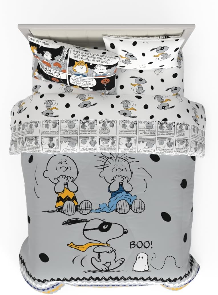 Peanuts Halloween Queen Bed Set – Super Soft & Cozy 5 Piece Reversible Comforter and Sheet Set Featuring Snoopy & Charlie Brown, (Official Peanuts® Product) by Franco