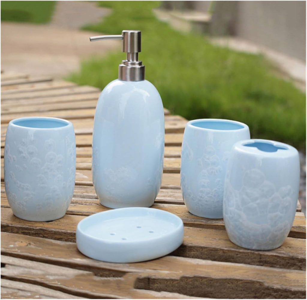 Countertop Organizer for Bathroom Soap Dispenser Decoration Ceramic Bathroom Accessory Set 5-Piece with Ice Flower Pattern Home Decor(Blue)