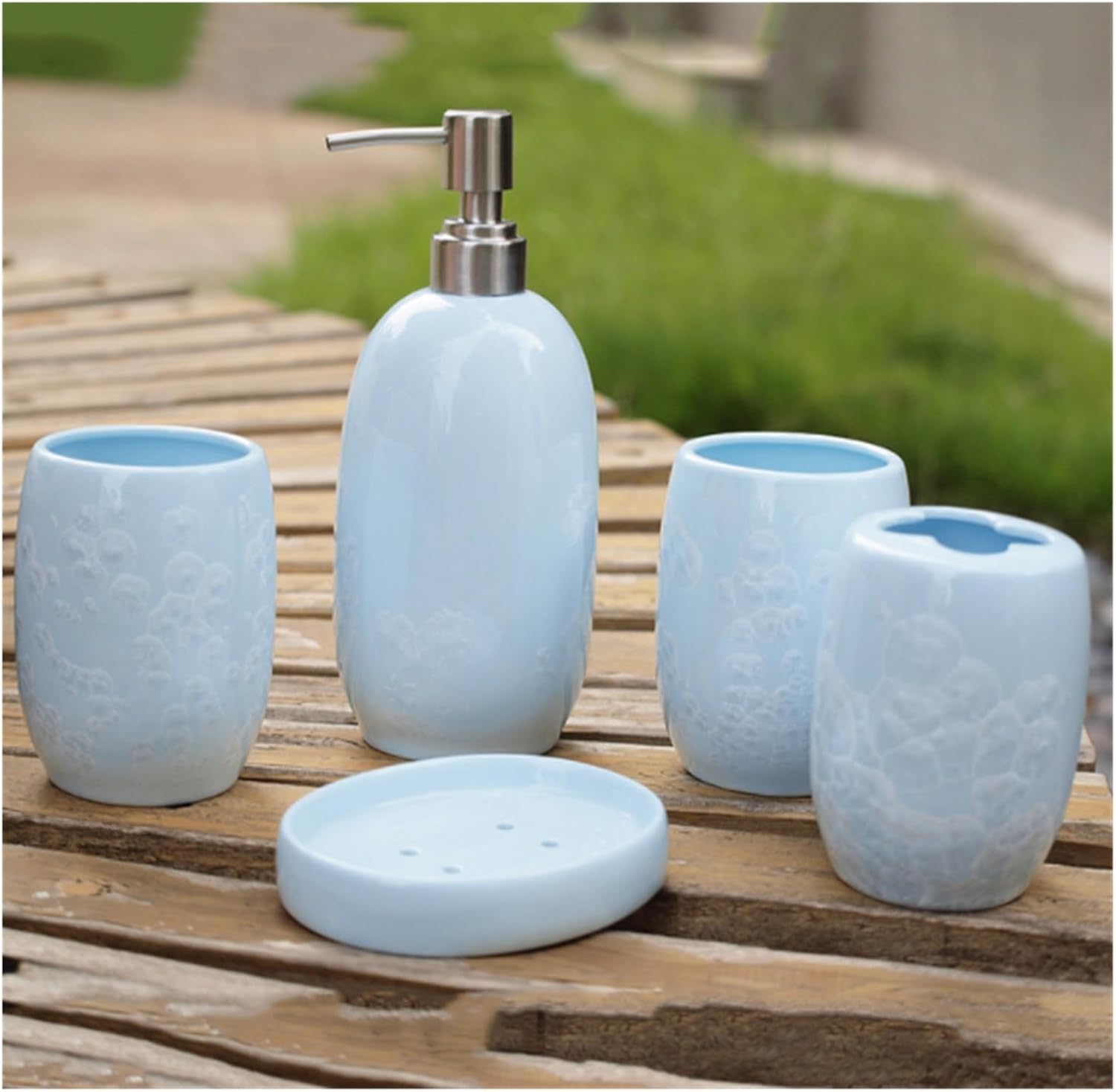 Countertop Organizer for Bathroom Soap Dispenser Decoration Ceramic Bathroom Accessory Set 5-Piece with Ice Flower Pattern Home Decor(Blue)