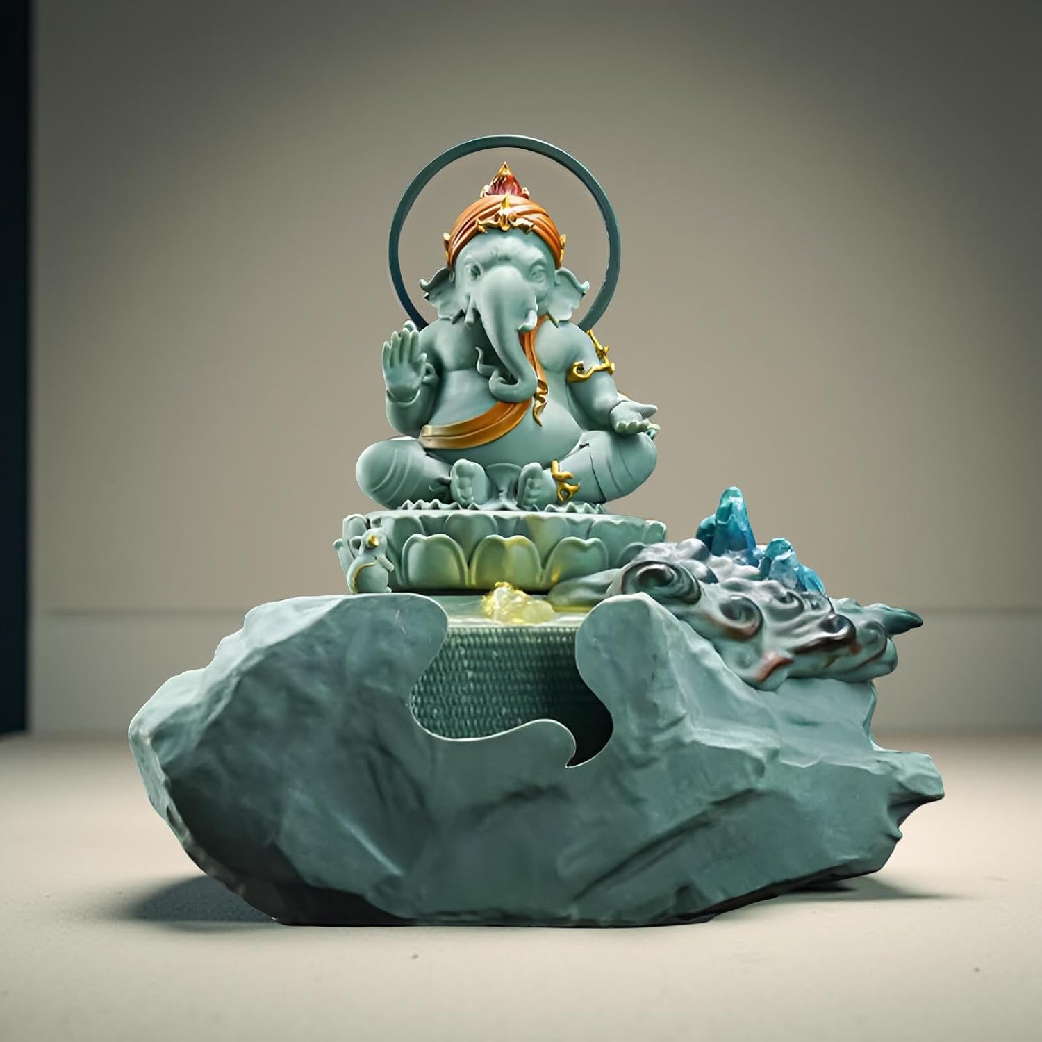 Zen Buddha Tabletop Fountain with LED Lights & Crystal Accents – Indoor Meditation Waterfall Feature with Cascading Water for Home, Office, Living Room or Bedroom – Free 10 Free Crystals (Style 5)