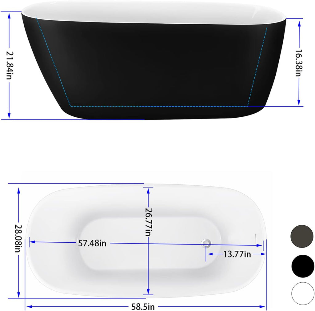 59' Acrylic Freestanding Bathtub, Single Slipper Free Standing Tub, Soaking Tub with Integrated Slotted Overflow, Toe-Tap Chrome Drain, cUPC Certified, Matte Black