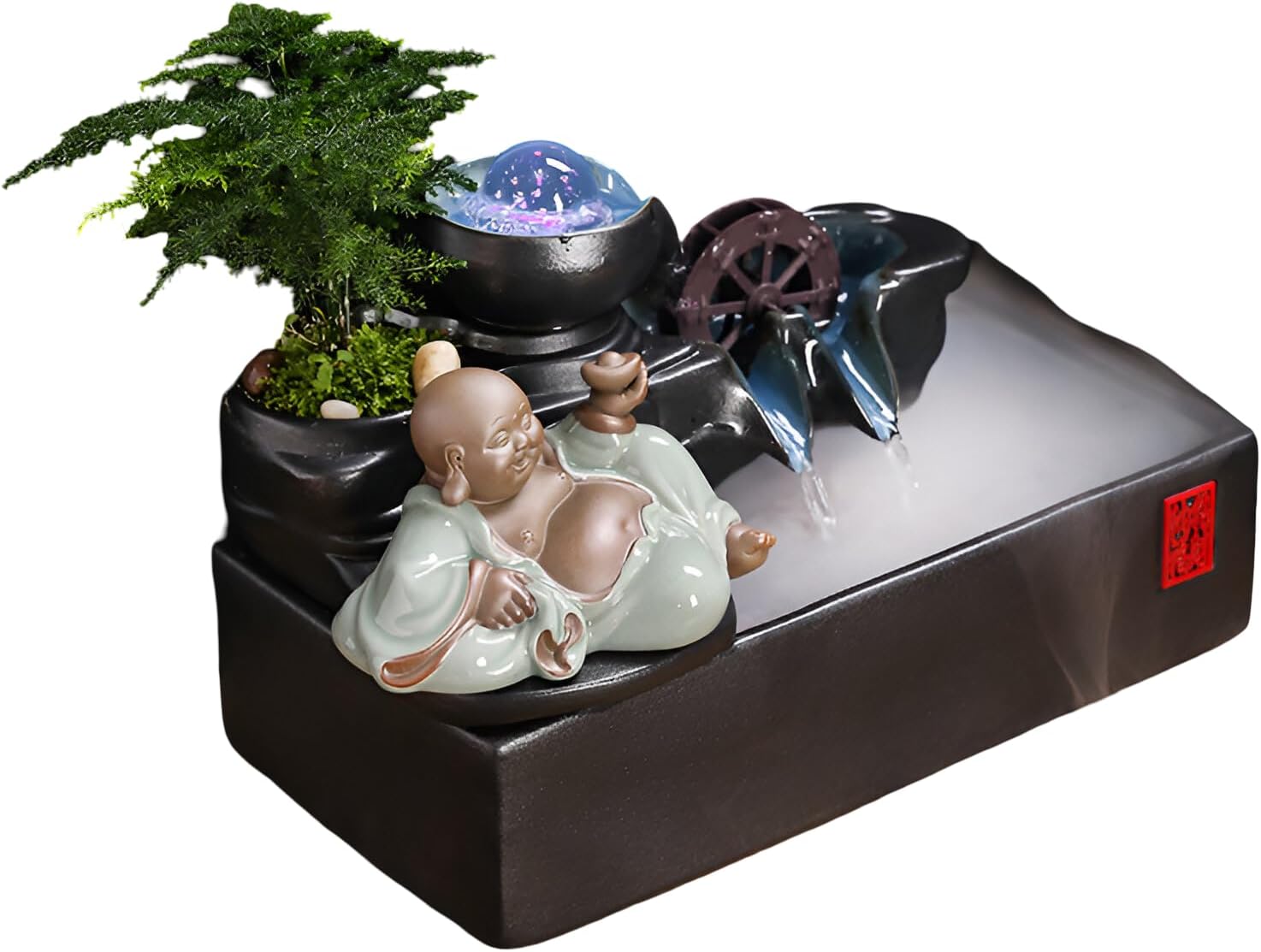 Zen Tabletop Fountain with LED Lights & Mist Maker - Indoor Waterfall Decor with Crystal Stones for Home, Office, Meditation Room - Relaxing Desktop Humidifier Gift (C Style)(B Style+Misting)