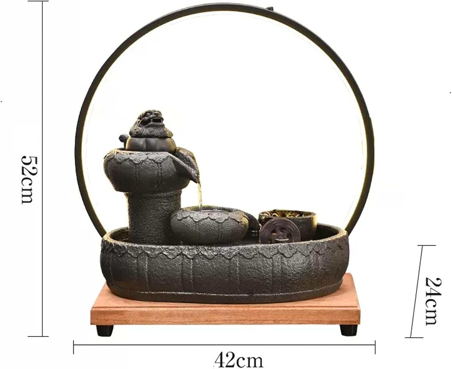 Indoor Fountain Ceramic Table Fountain with Wooden Base and LED Ring Light Ceramic Table Fountain for Indoor Home Decor, Table, Desk, Office, Patio Tabletop Fountain