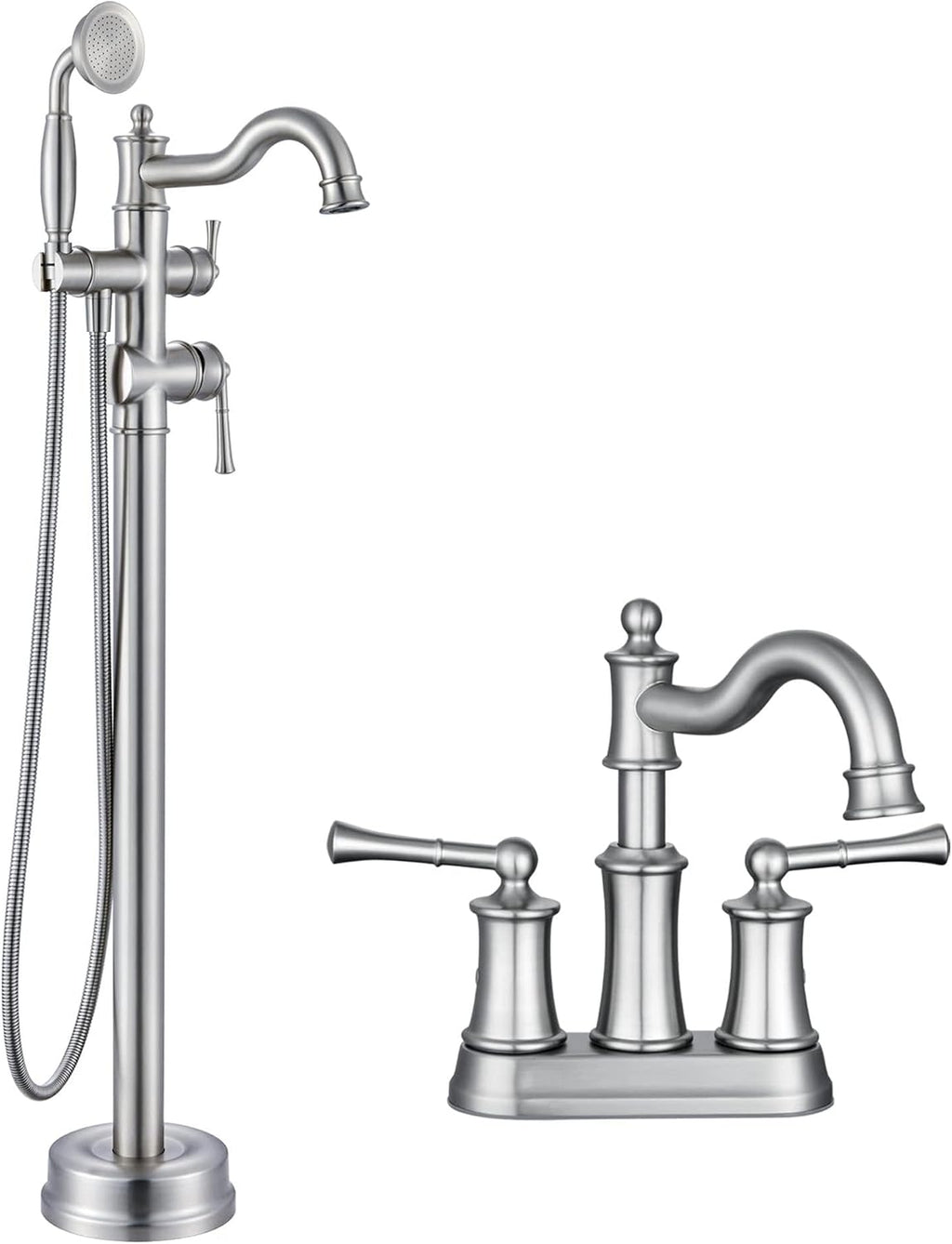 Roman Bathroom Faucet Set, Centerset Sink Faucet 2 Hole with Pop Up Drain, Free Standing Tub Faucet Filler with High Pressure Handheld Shower, Brushed Nickel